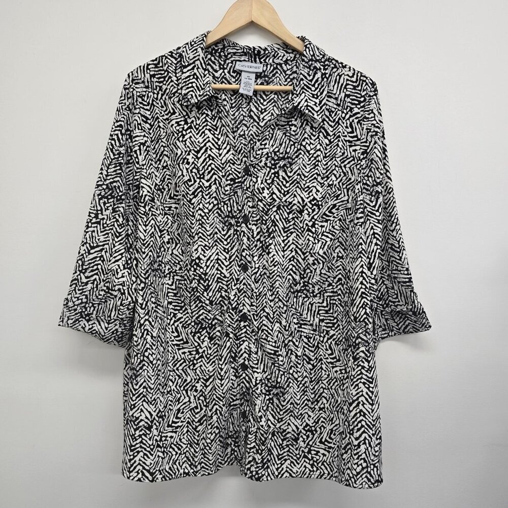 Catherines Button Up Blouse Size 0X 14/16W Modern Tribal Abstract 3/4 Sleeve